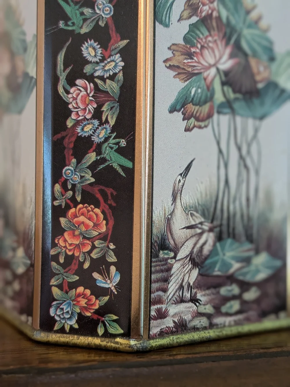Meister Brazil Octagonal Tin Lotus Crane Floral Brass Chinoiserie